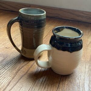 Handmade pottery ceramic mugs brown cream vintage rustic unique stoneware